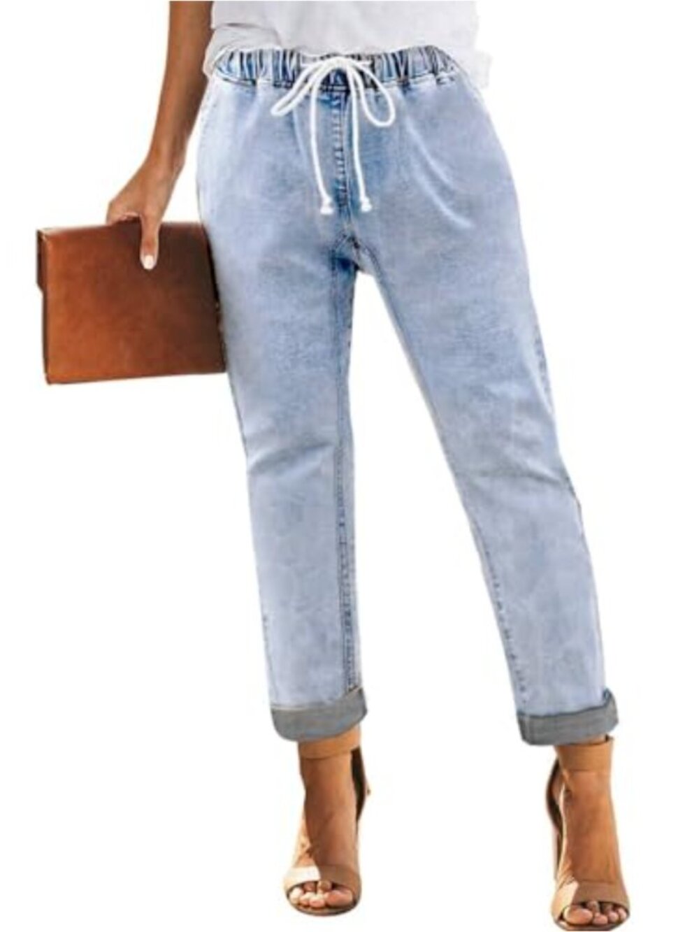 Women's Stretch Denim Jogger Pants with Elastic Waist and Drawstring